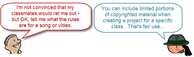 you can include liited portions of copyrighted material when creating a project for a specific class.  That's fair use.